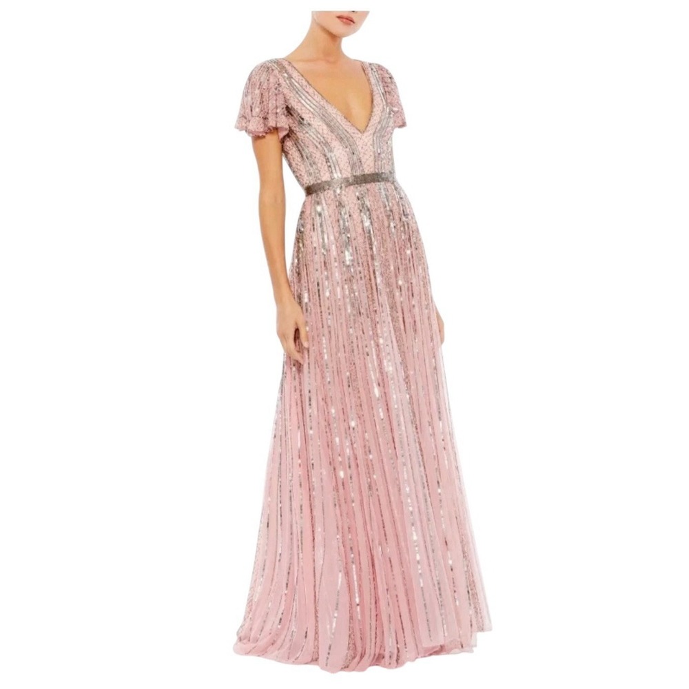 Mac Duggal 70108 Rose Pink Beaded Gown Gunmetal Sequin Stripe Tulle Size 4 $698